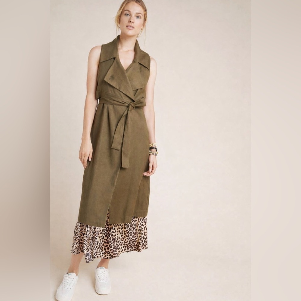 Anthropologie Hollis Tie-Front Trench Vest Olive Green Linen Blend | Size XS